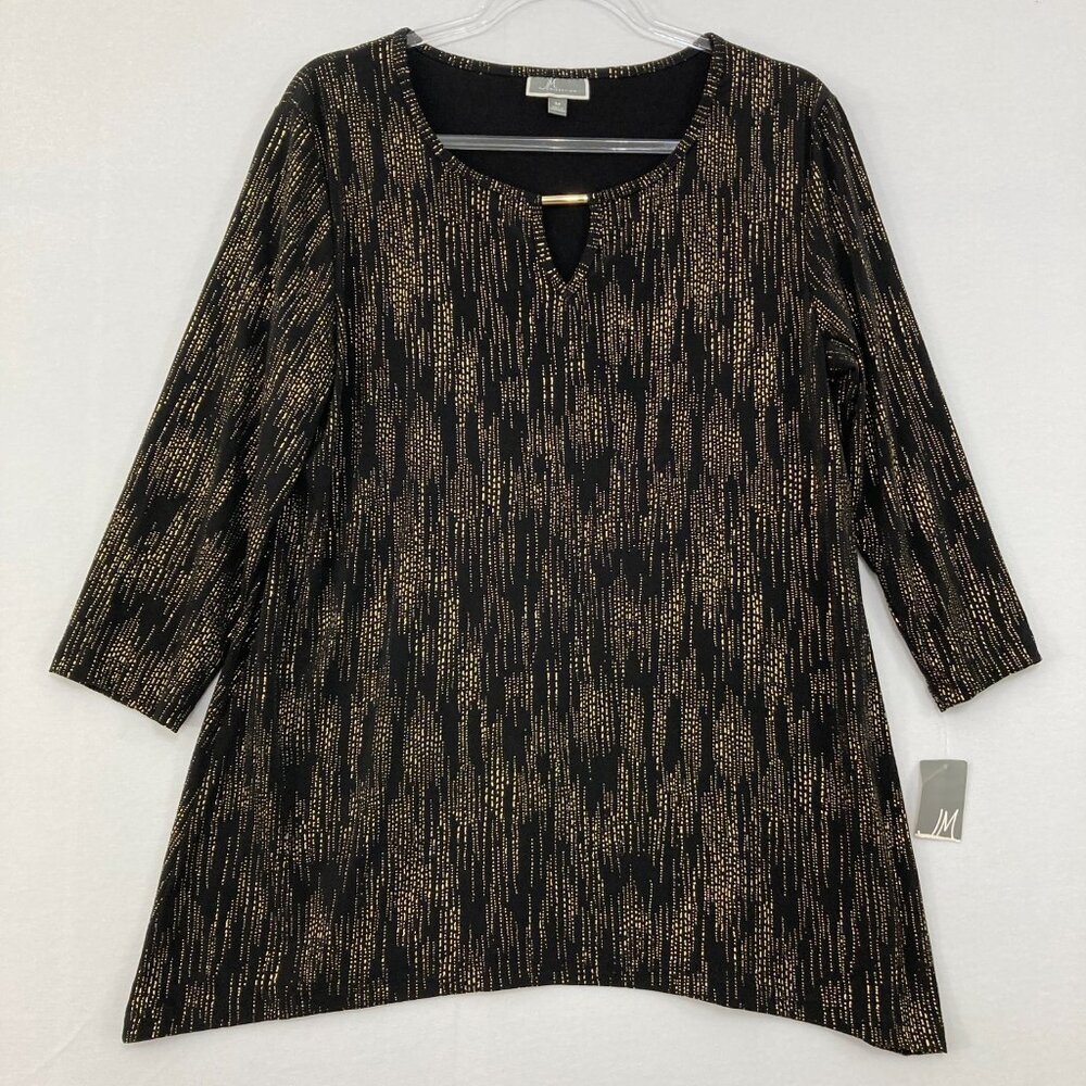 New JM Collection Medium Black Gold Metallic Split Neck Stretch 3/4 Sleeve Top